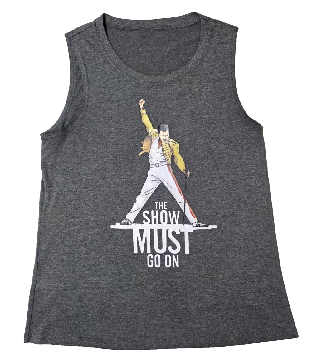 Freddie Mercury Queen Tank Top "The Show Must Go On" Grey M Rock Band Graphic